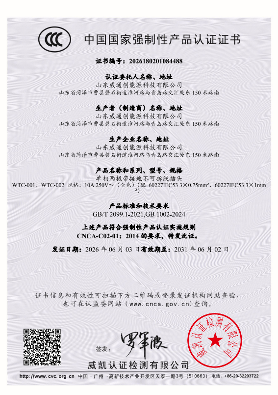 CCC Certificate for Three-Pin Plug - Chinese